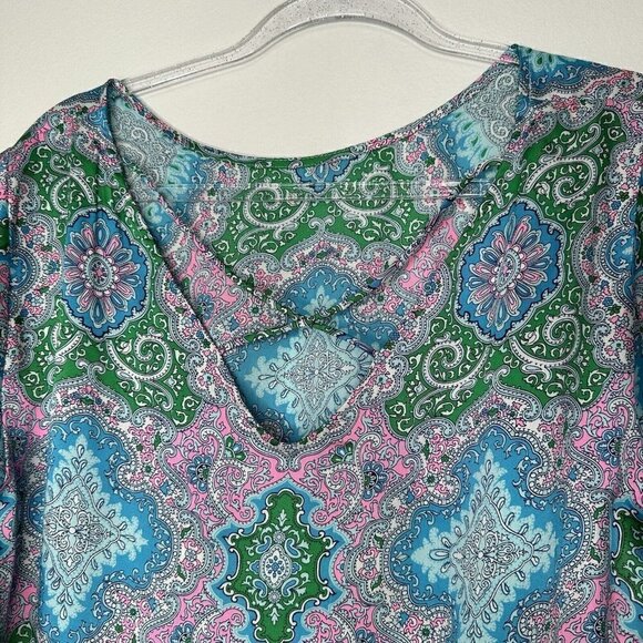 Talbots Blouse Paisley short Sleeve Blue Green Pink Lightweight XL Satin - Picture 6 of 9